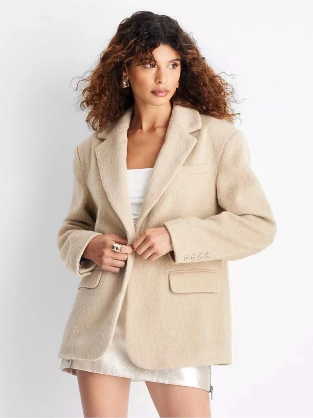 Tailored Cream Wool-Blend Blazer Jacket